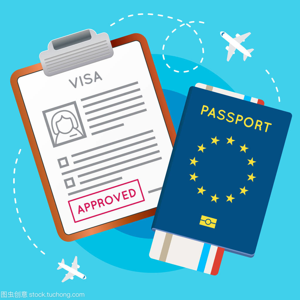 签证批准邮票、 护照和机票